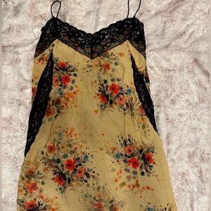 Floral Slip Dress with Black Lace Trim